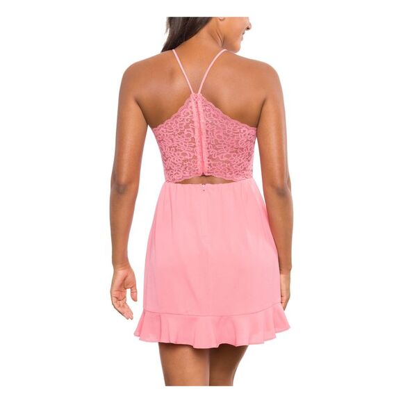 B DARLIN Womens Zippered Spaghetti Strap Halter Short Evening Fit + Flare Dress - Picture 2 of 2